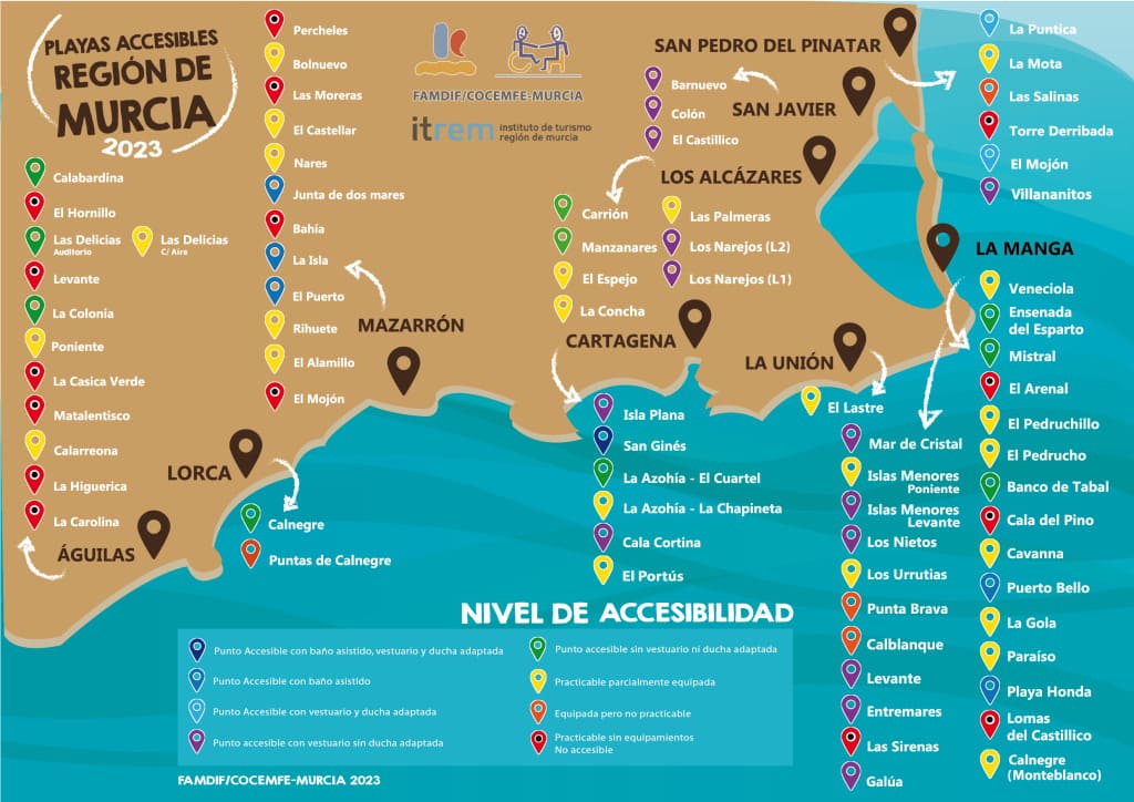 Mapa con las playas accesibles de la región de Murcia