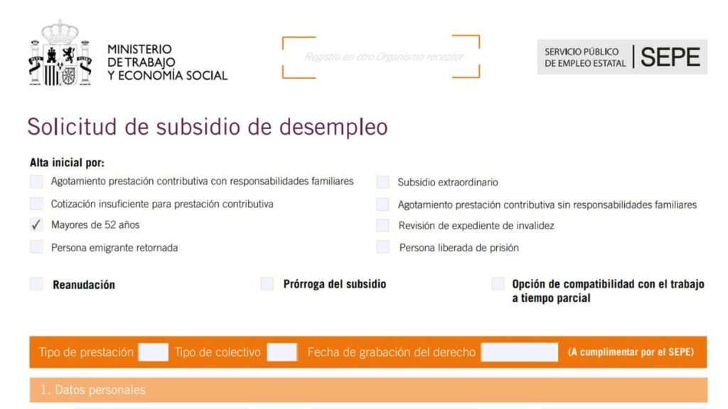 Formulario del SEPE para solicitar el subsidio para mayores de 52 años